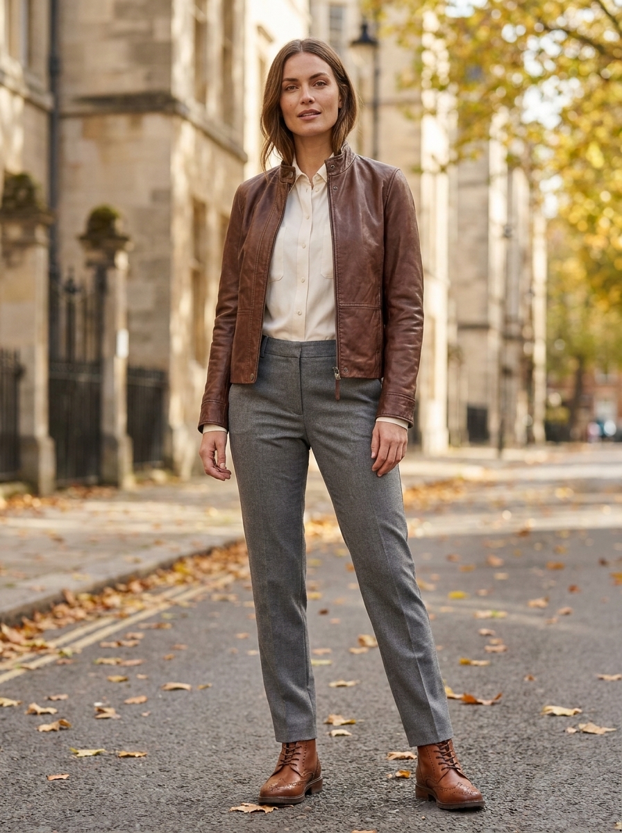 Woman wearing a brown leather jacket, shirt, grey trousers, and brown boots on a city street