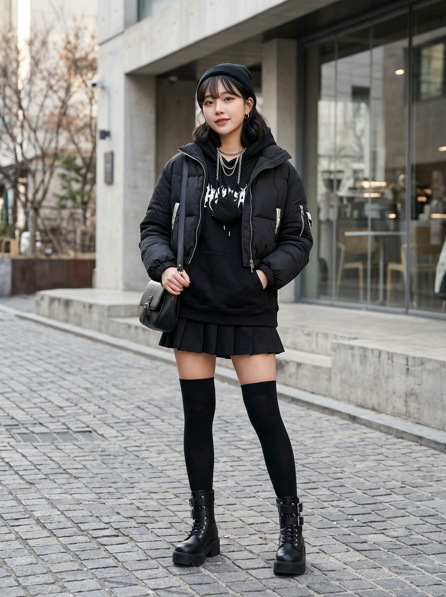Woman wearing a black puffer jacket, hoodie, short skirt, and tall boots