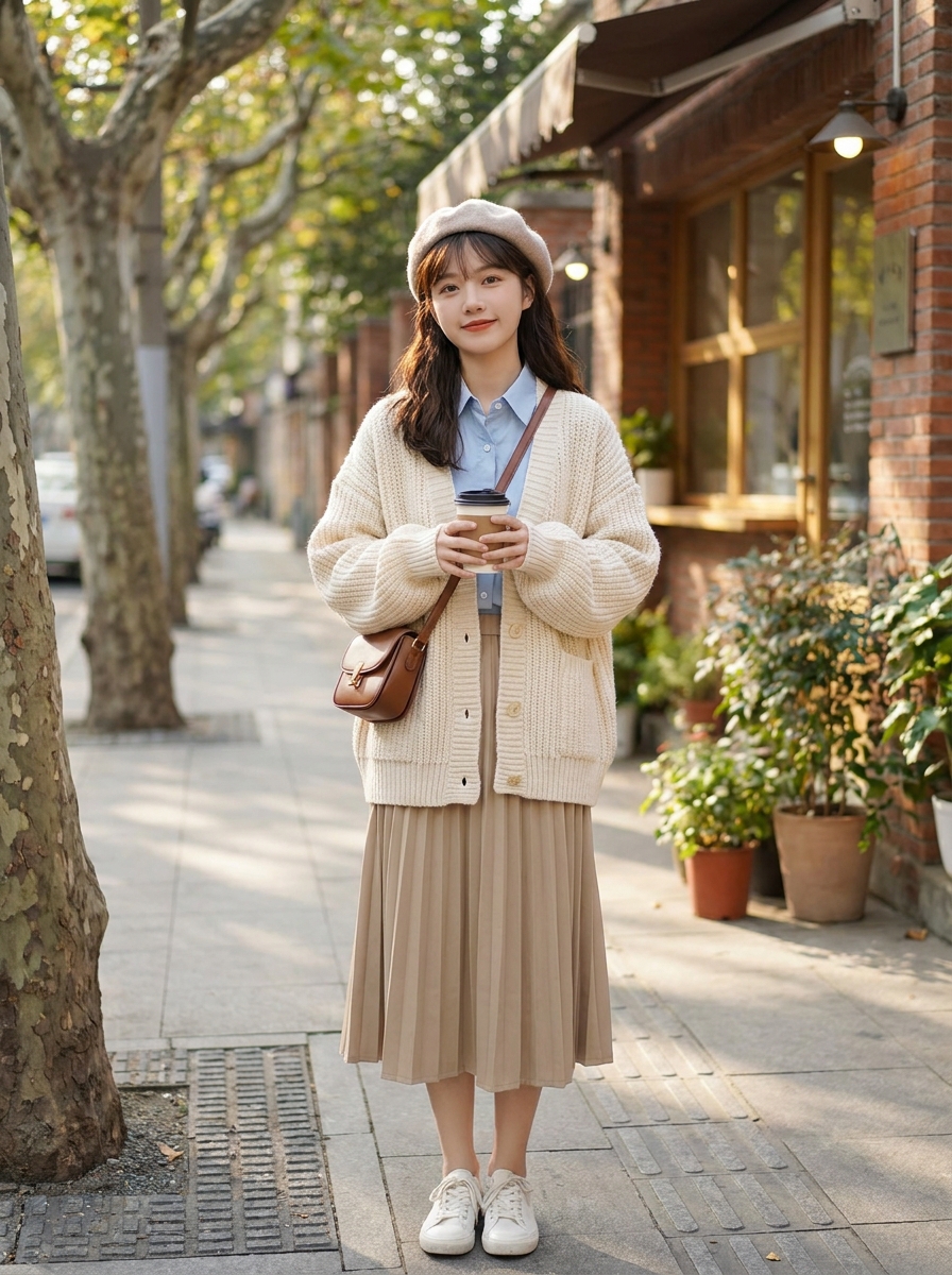Woman in a cream knit cardigan, beret, and pleated skirt holding coffee on a tree-lined street