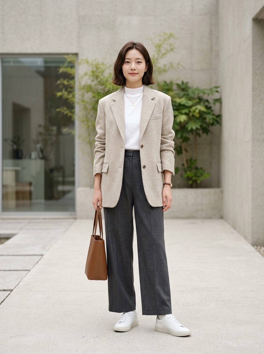 Woman in a beige blazer, white top, grey trousers, and brown tote