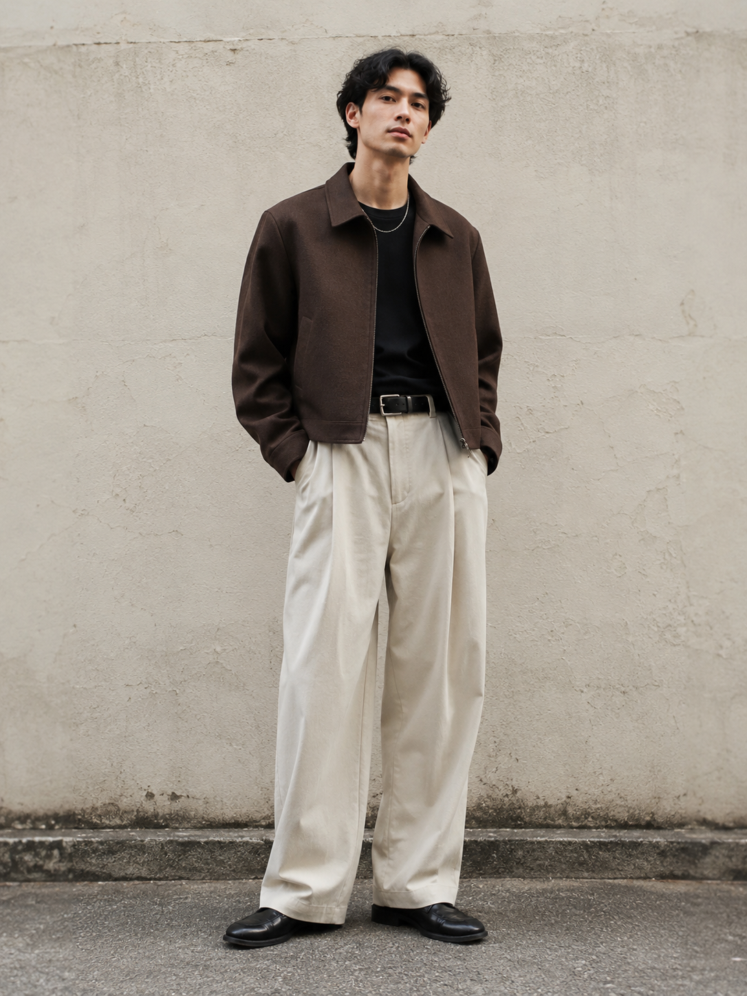 Man wearing a brown cropped jacket, black top, cream wide trousers, and black leather shoes