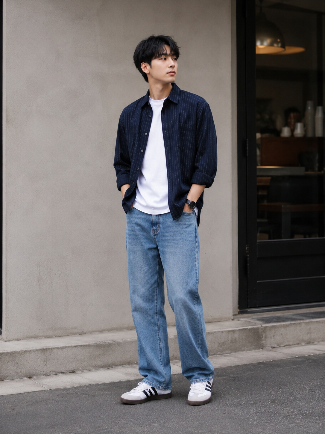 Man wearing a navy striped shirt over a white T-shirt with wide blue jeans and sneakers