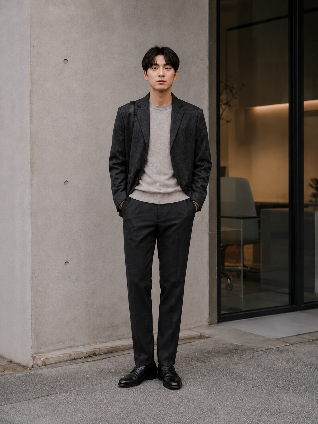 Man wearing a black blazer, grey knit top, black trousers, and black leather shoes