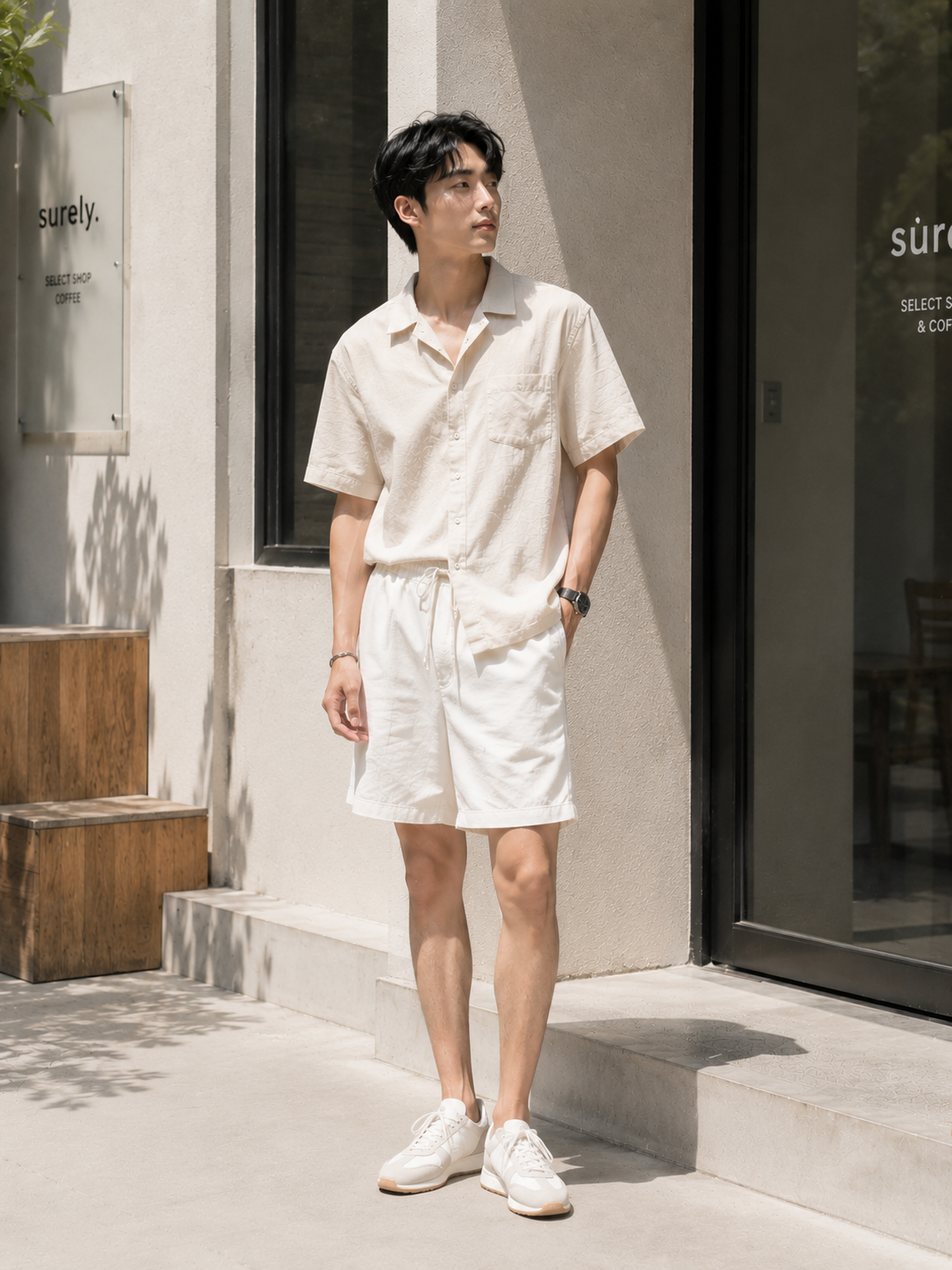 Man wearing a white short-sleeve shirt, white shorts, and white sneakers outside a sunlit cafe