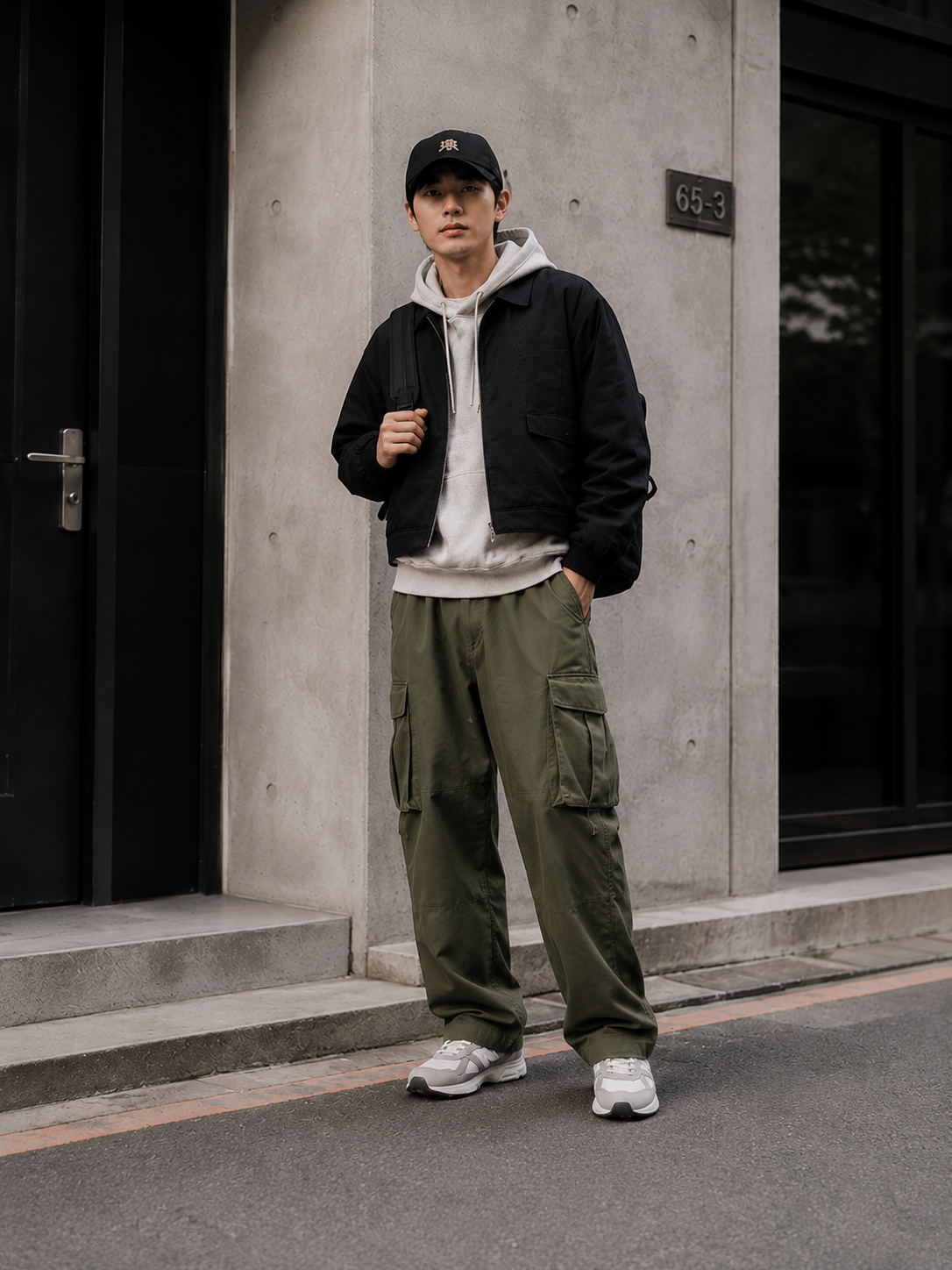 Man wearing a black jacket, grey hoodie, olive cargo trousers, cap, and sneakers