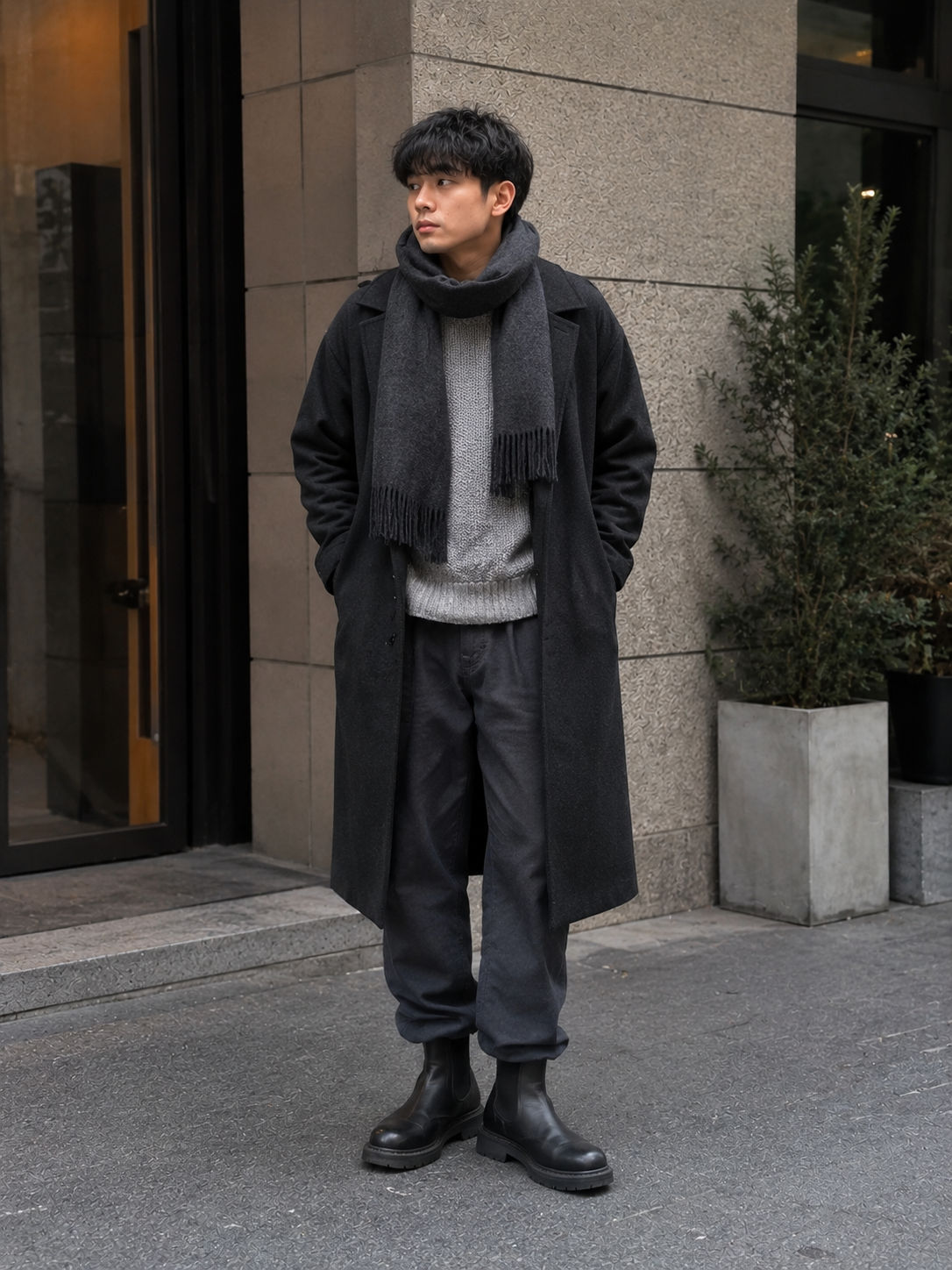 Man wearing a black long coat, grey knit sweater, scarf, dark trousers, and boots