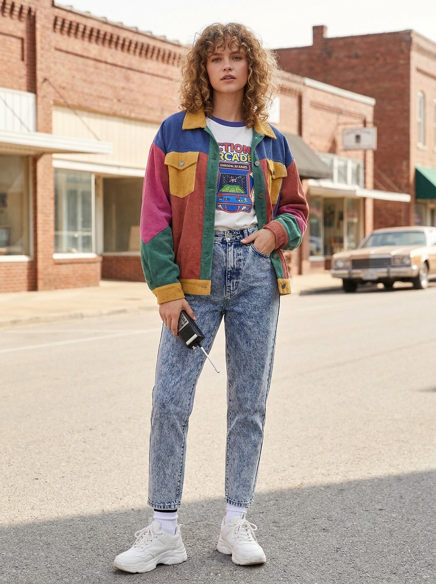 Woman wearing a colorful patchwork jacket, graphic tee, and washed jeans