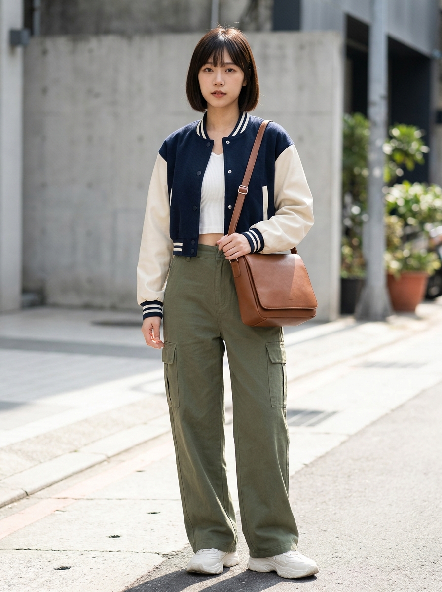 Woman wearing a navy varsity jacket, white cropped top, and green cargo trousers
