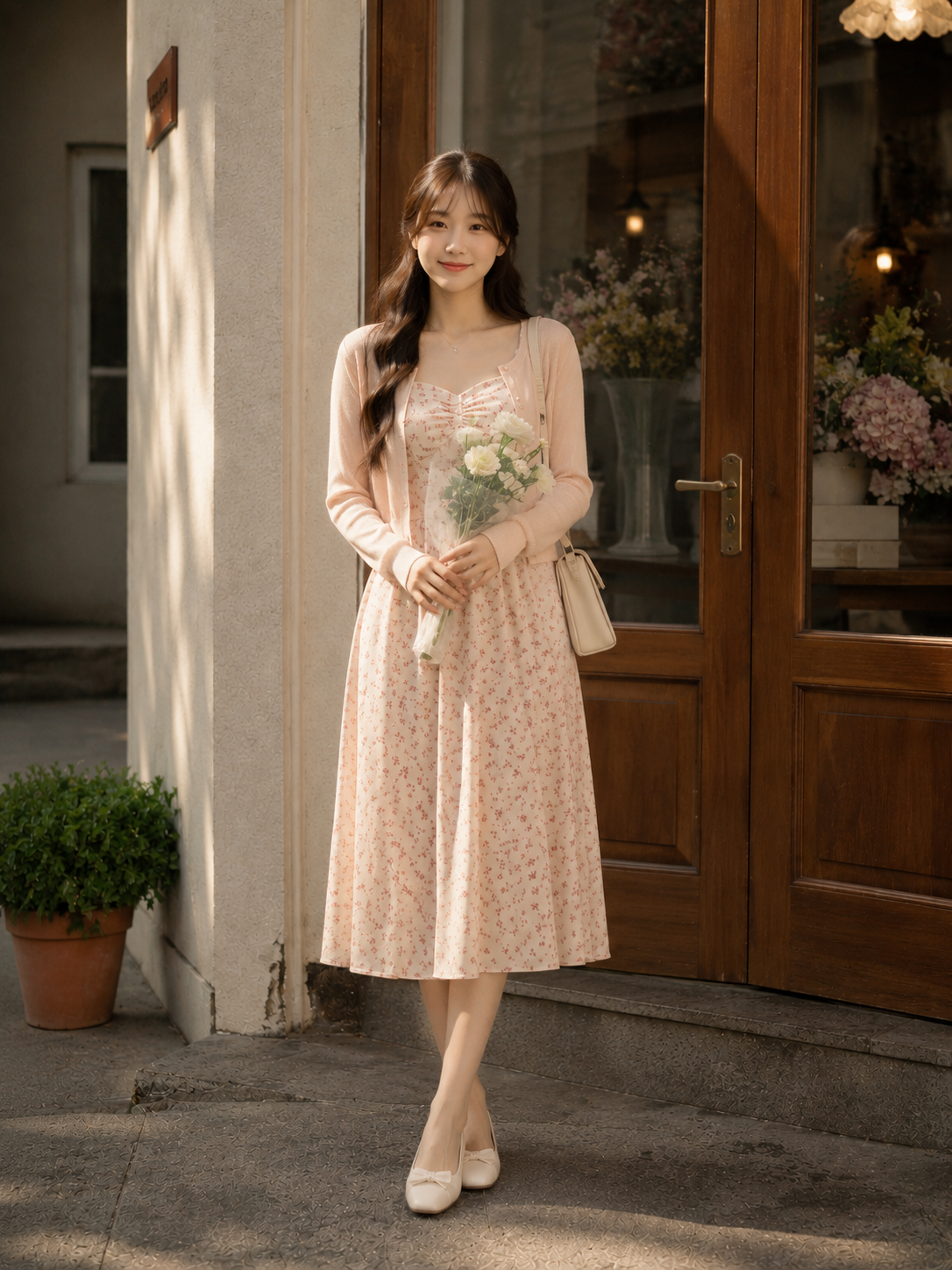 Woman wearing a pale floral dress and cardigan while holding flowers outside a florist