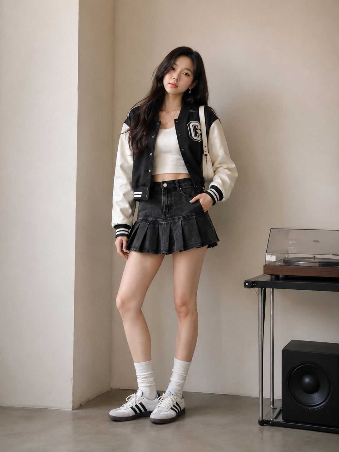 Woman wearing a black and white varsity jacket, white cropped top, black pleated mini skirt, and sneakers