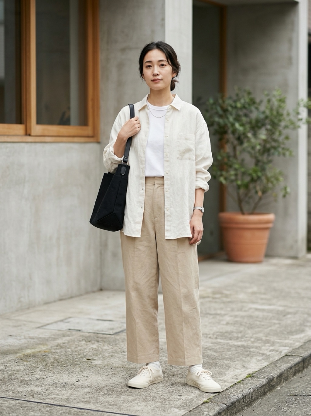 Minimal casual outfit with a white shirt and light wide-leg pants