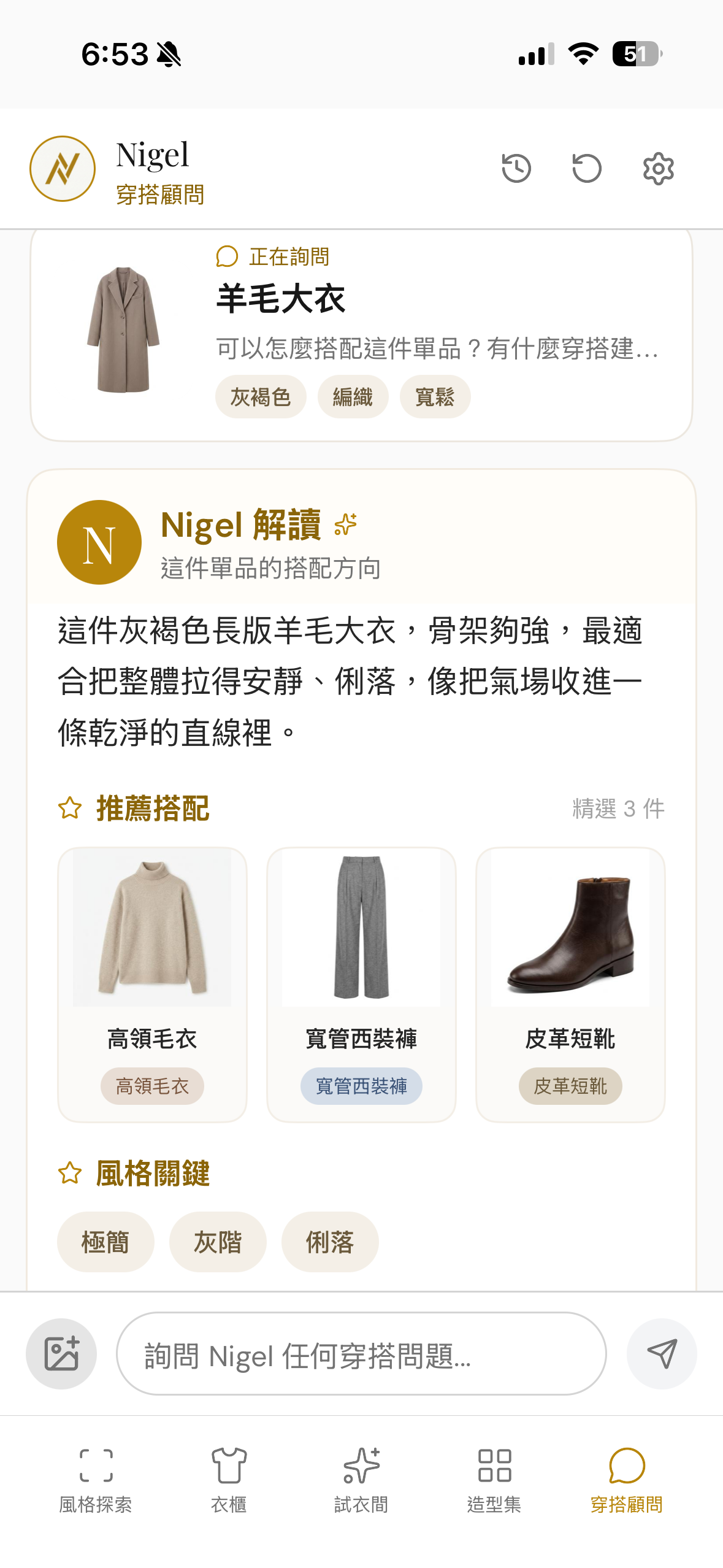 Nigel app screenshot showing Nigel analyzing a wardrobe item and recommending matching pieces